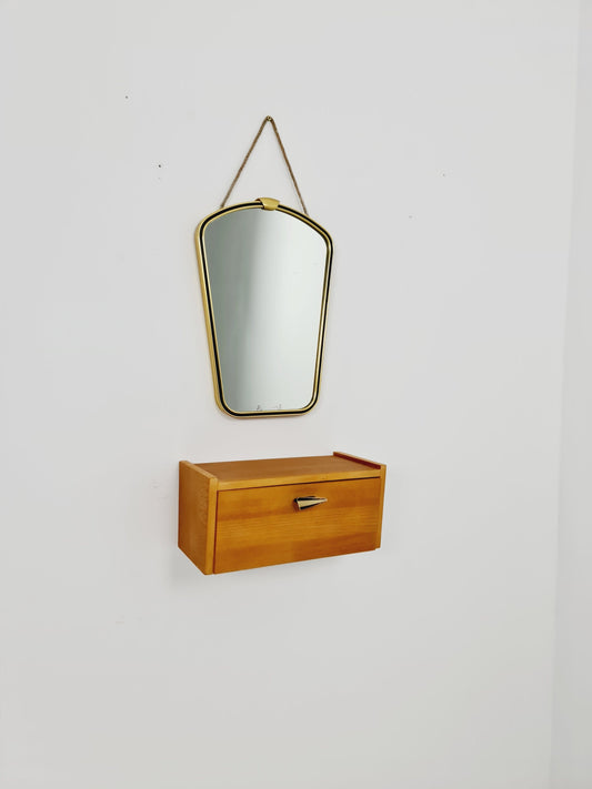 Mid Century asymmetric German brass Original kidney wall mirror with shelf from the 60s model Rockabilly