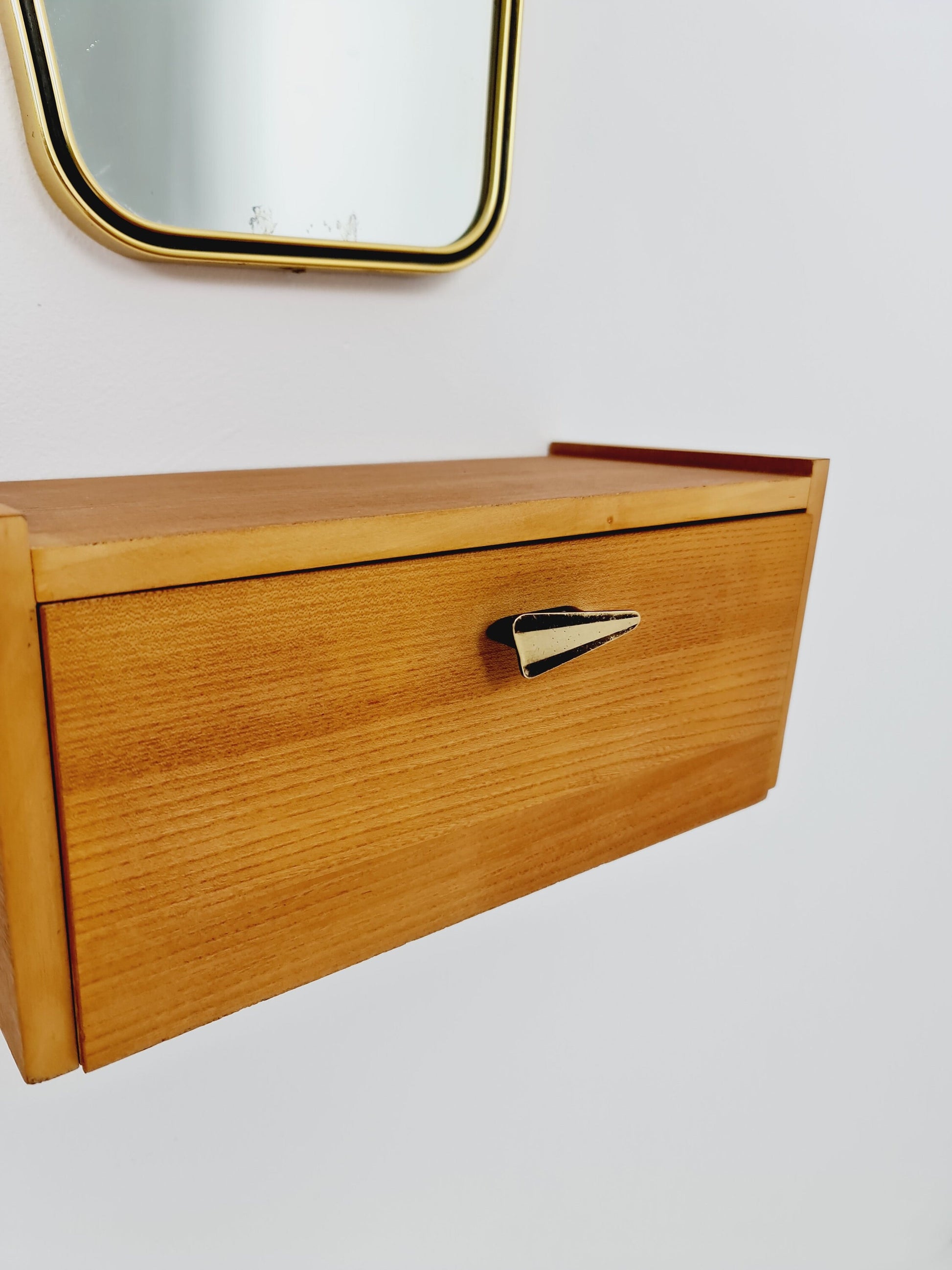 Mid Century asymmetric German brass Original kidney wall mirror with shelf from the 60s model Rockabilly