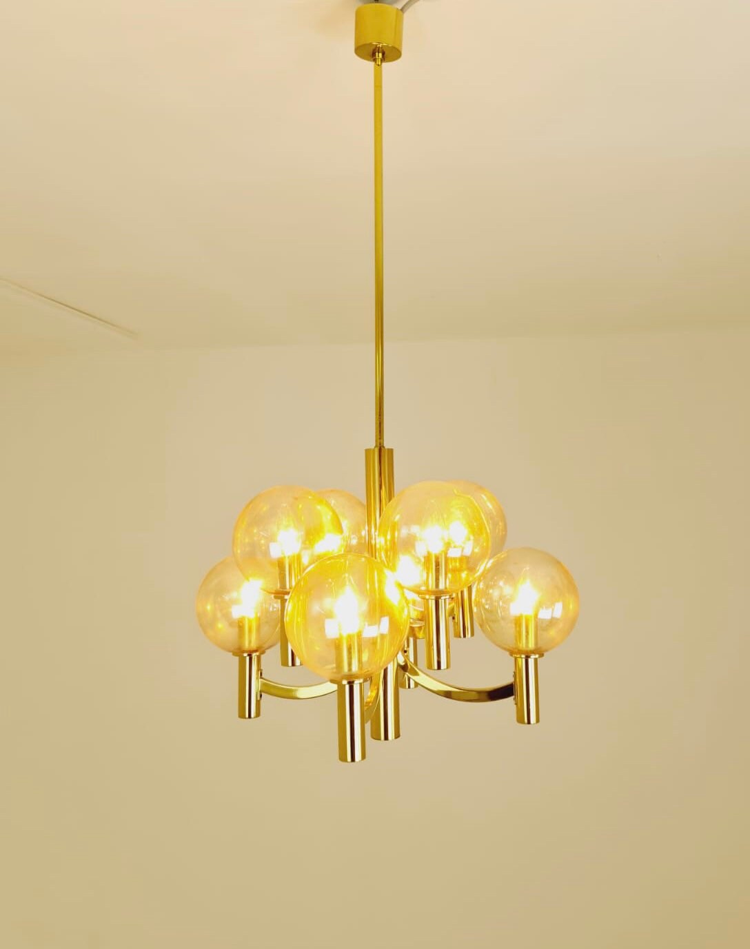 Rare Vintage German brass & glass chandelier by Kaiser Leuchten, 1960s