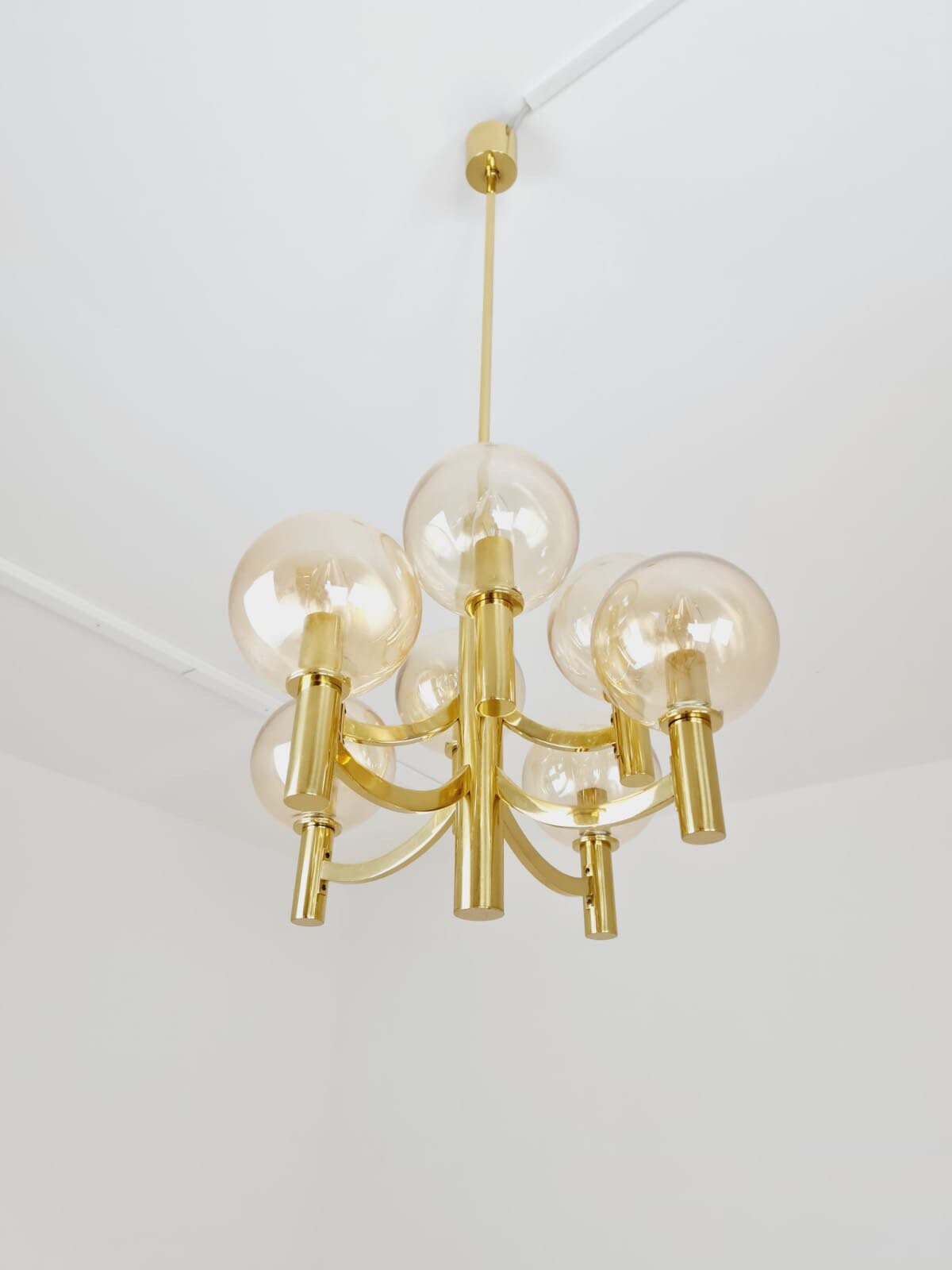 Rare Vintage German brass & glass chandelier by Kaiser Leuchten, 1960s