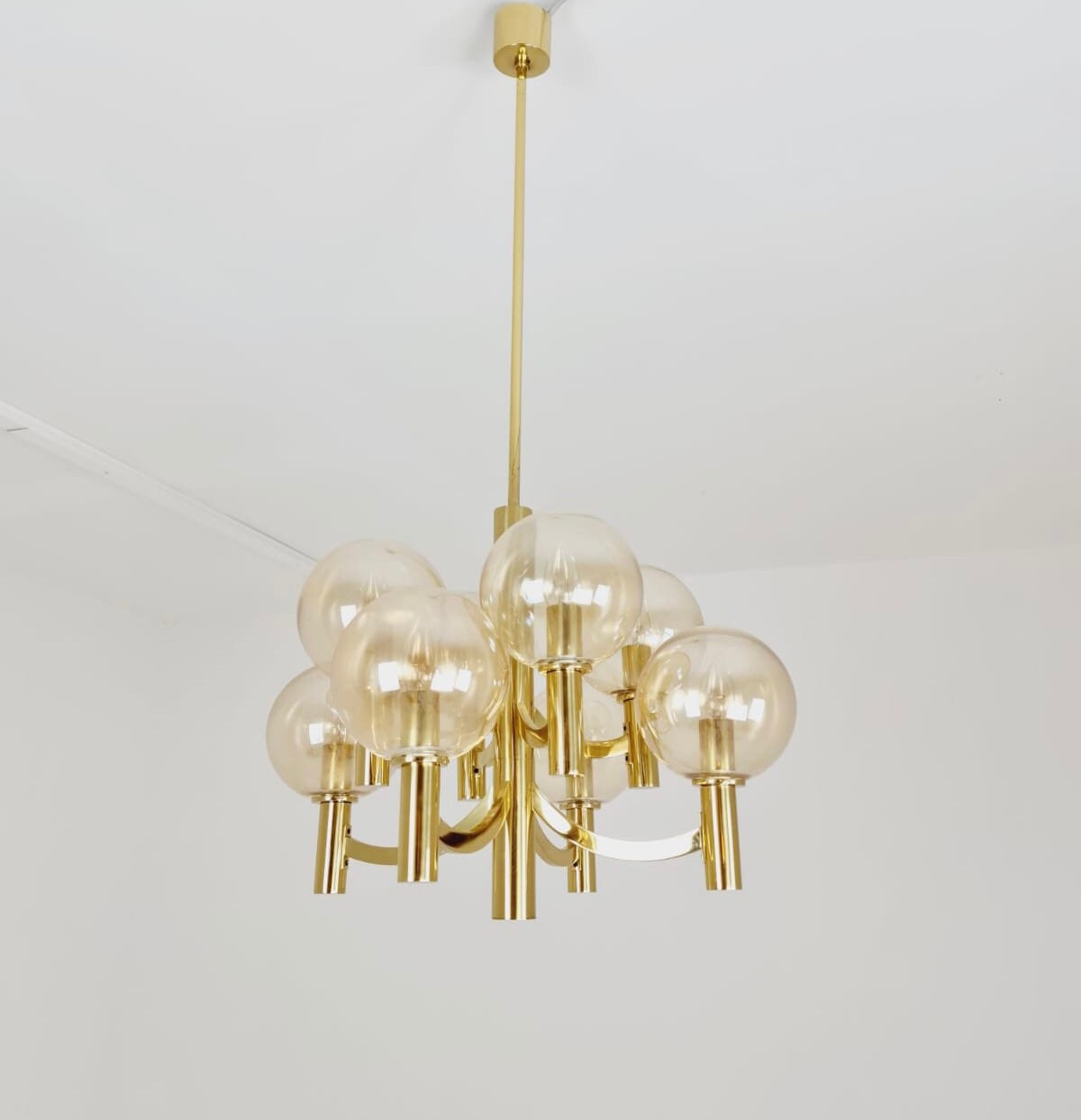 Rare Vintage German brass & glass chandelier by Kaiser Leuchten, 1960s