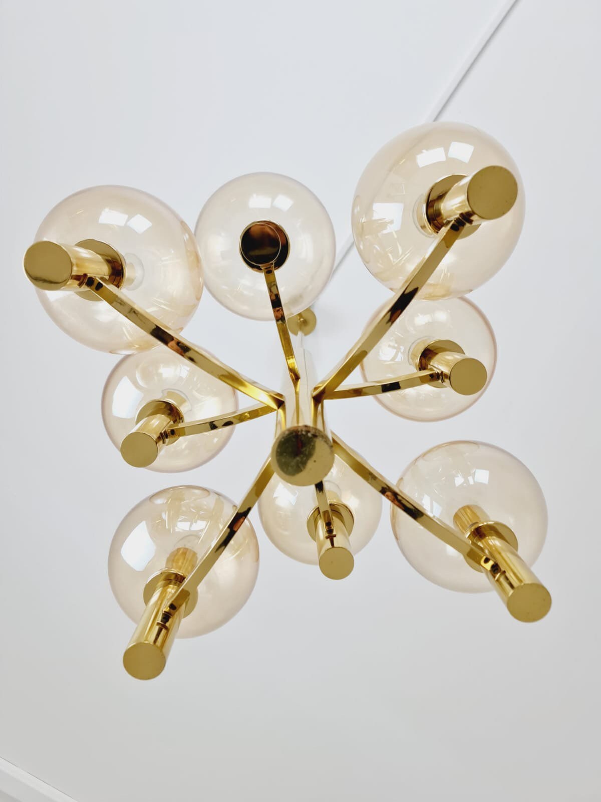 Rare Vintage German brass & glass chandelier by Kaiser Leuchten, 1960s