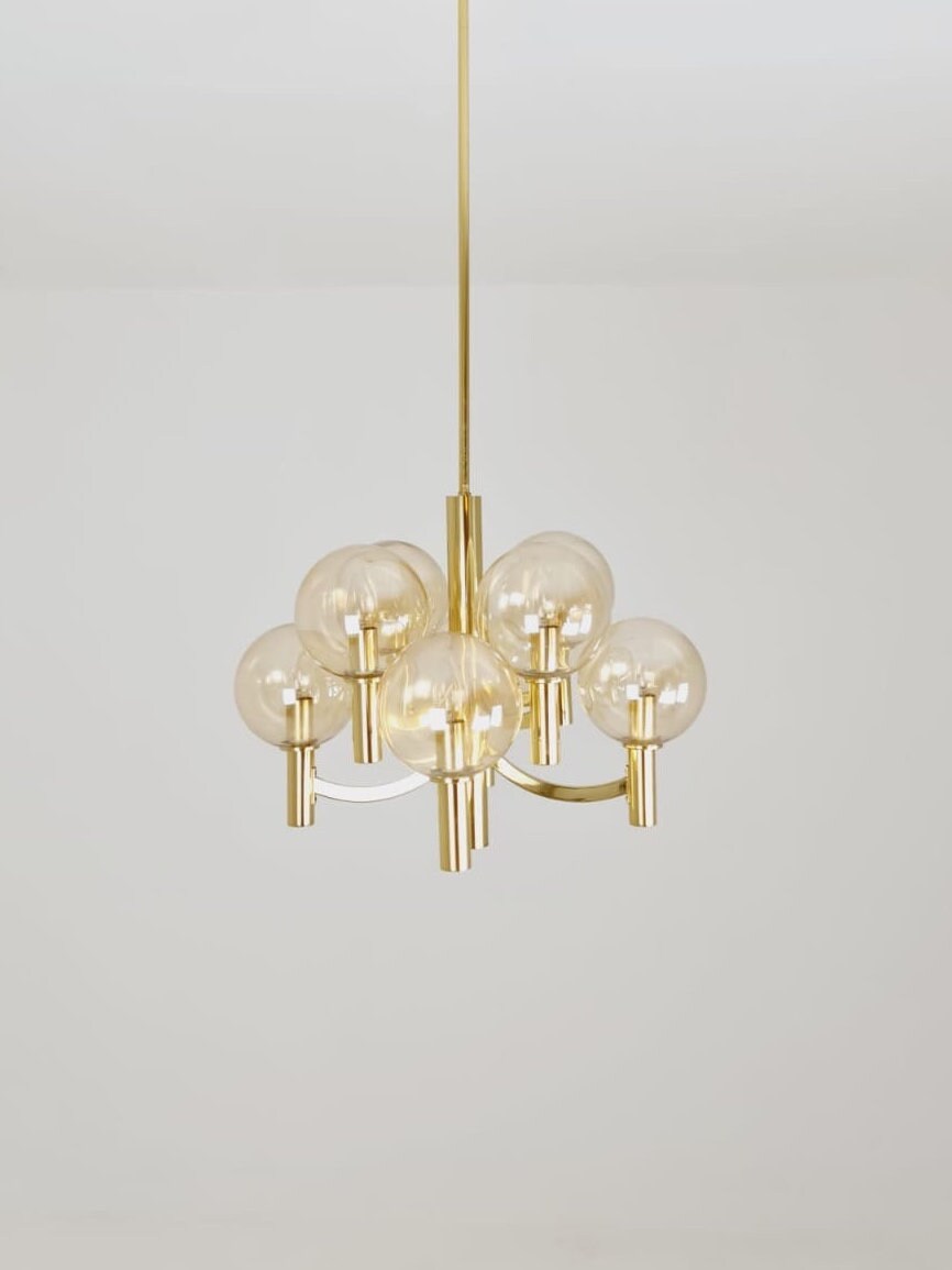 Rare Vintage German brass & glass chandelier by Kaiser Leuchten, 1960s