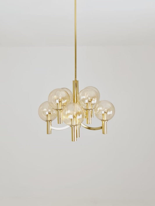 Rare Vintage German brass & glass chandelier by Kaiser Leuchten, 1960s