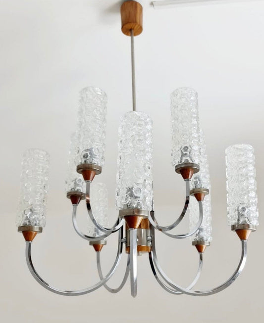 Rare Vintage Scandinavian chrome, teak & crystal pendant lamp, 1960s