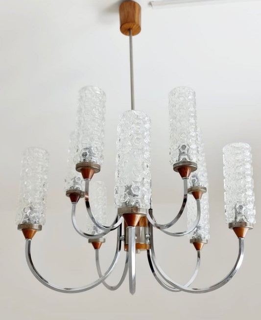 Rare Vintage Scandinavian chrome, rosewood & crystal pendant lamp, 1960s