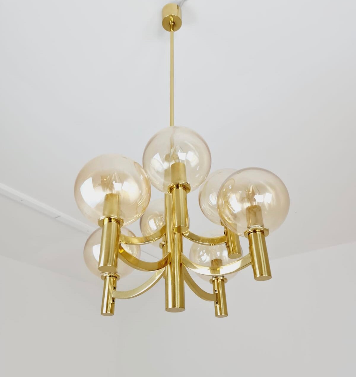 Rare Vintage German brass & glass chandelier by Kaiser Leuchten, 1960s