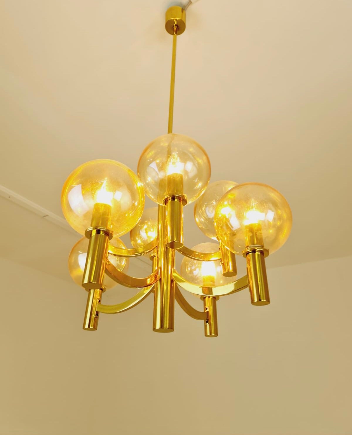 Rare Vintage German brass & glass chandelier by Kaiser Leuchten, 1960s