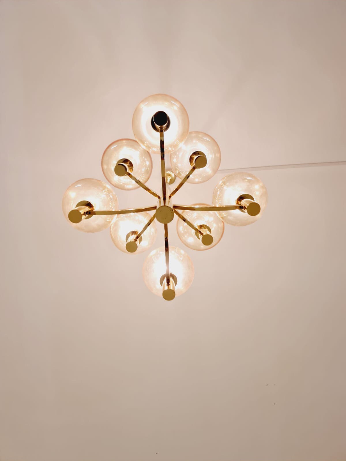 Rare Vintage German brass & glass chandelier by Kaiser Leuchten, 1960s
