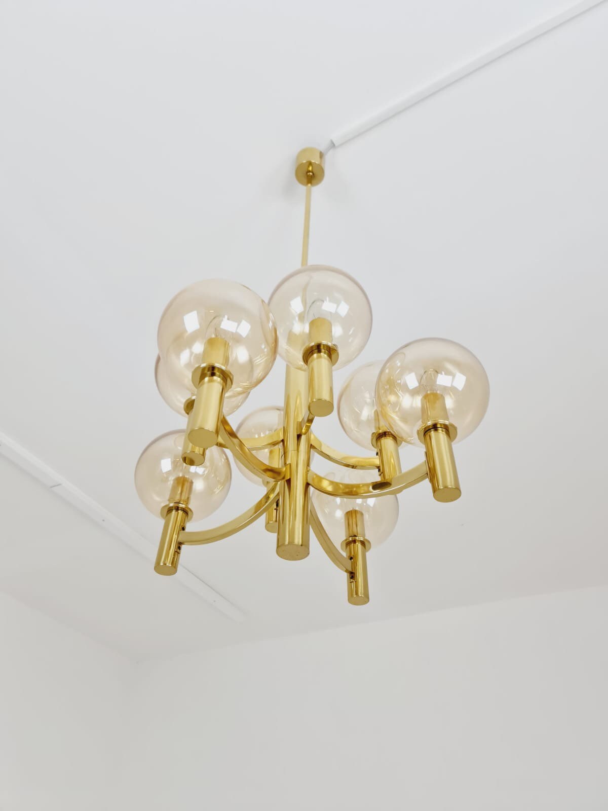 Rare Vintage German brass & glass chandelier by Kaiser Leuchten, 1960s