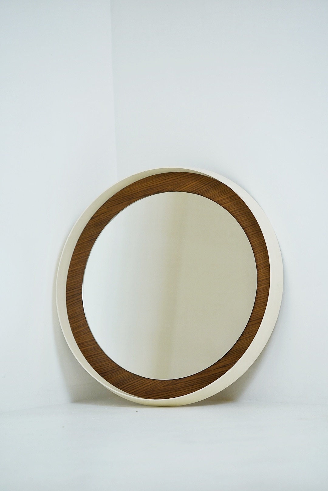 Round space age retro plastic white mirror with teak frame By Zier, 1970s