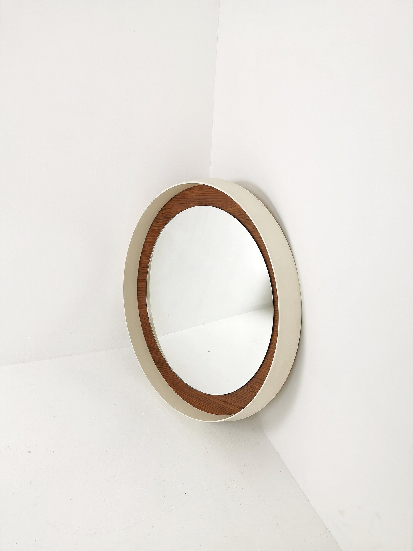 Round space age retro plastic white mirror with teak frame By Zier, 1970s