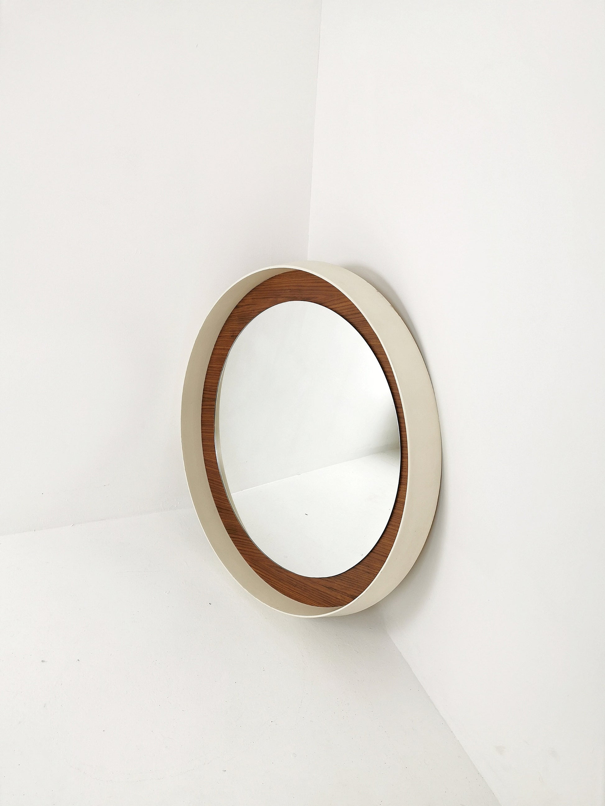 Round space age retro plastic white mirror with teak frame By Zier, 1970s