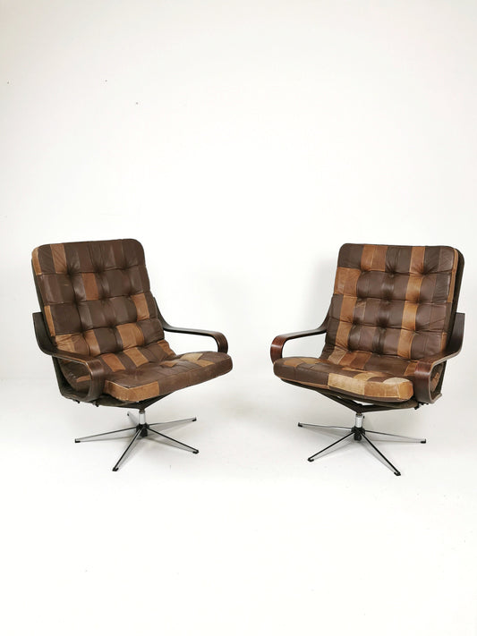Norwegian westnova High Brown Swivel Lounge Chairs Patchwork Leather, 1970s, set of 2