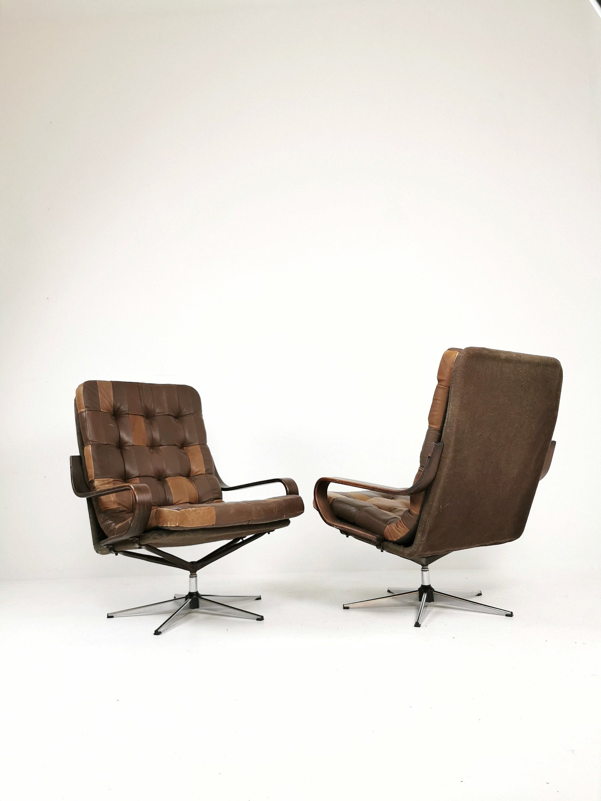 Norwegian westnova High Brown Swivel Lounge Chairs Patchwork Leather, 1970s, set of 2