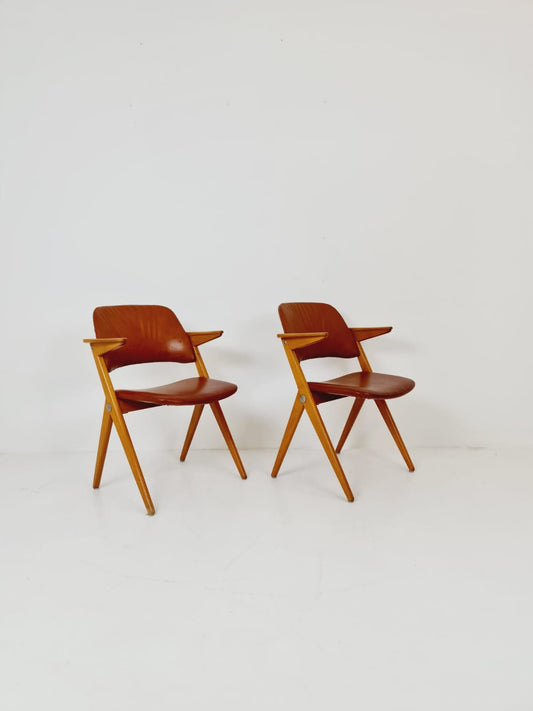 Swedish Midcentury beech & leather armchair Triva by Bengt Ruda for Nordiska Kompaniet, 1960s, set of 2