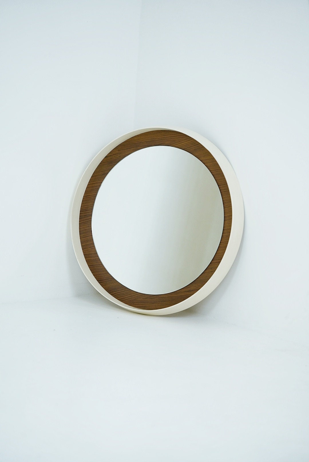 Round space age retro plastic white mirror with teak frame By Zier, 1970s