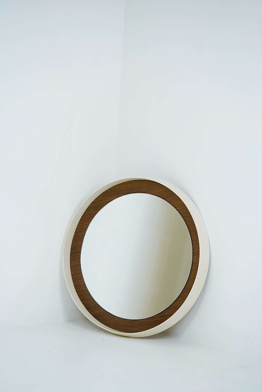 Round space age retro plastic white mirror with teak frame By Zier, 1970s