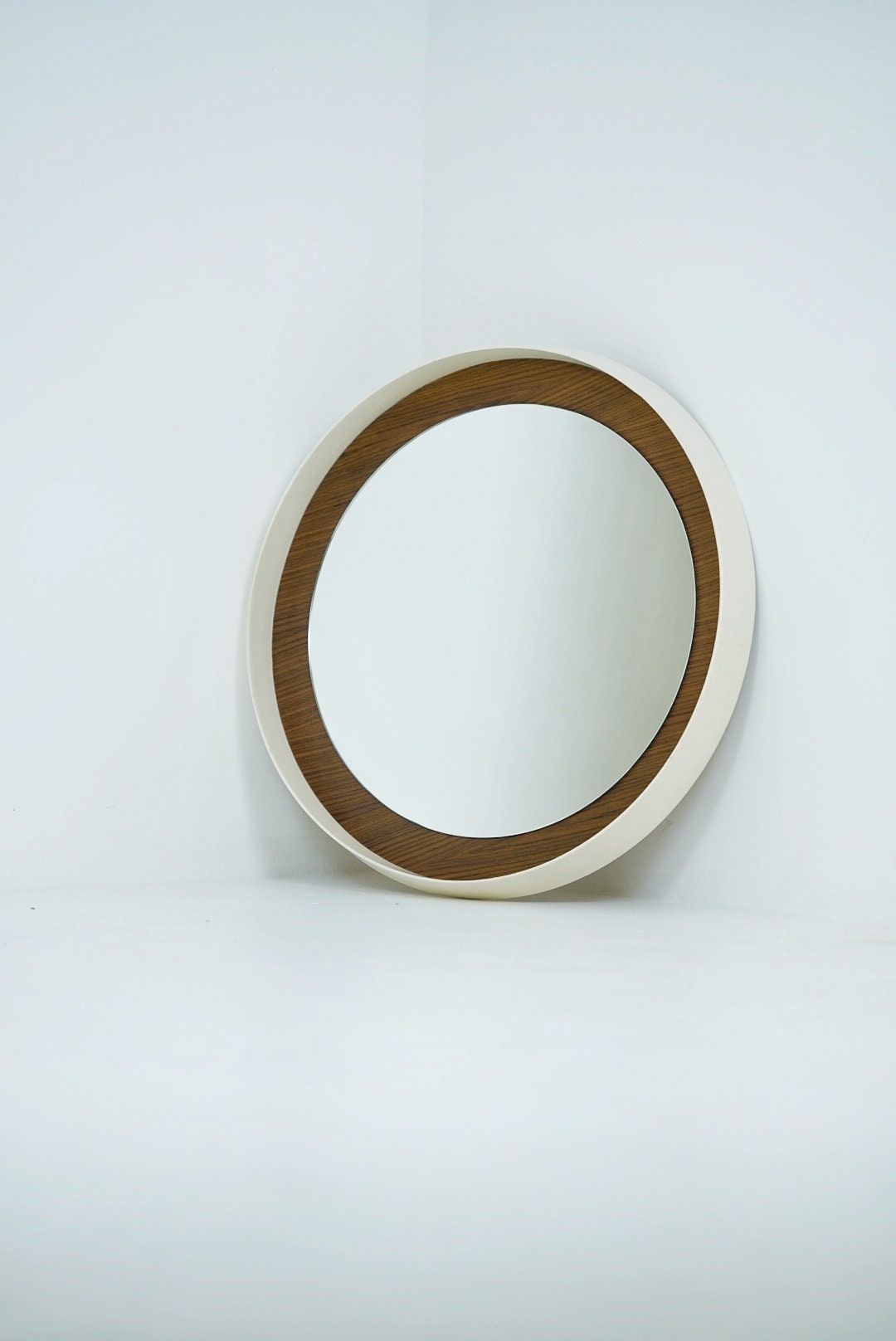 Round space age retro plastic white mirror with teak frame By Zier, 1970s