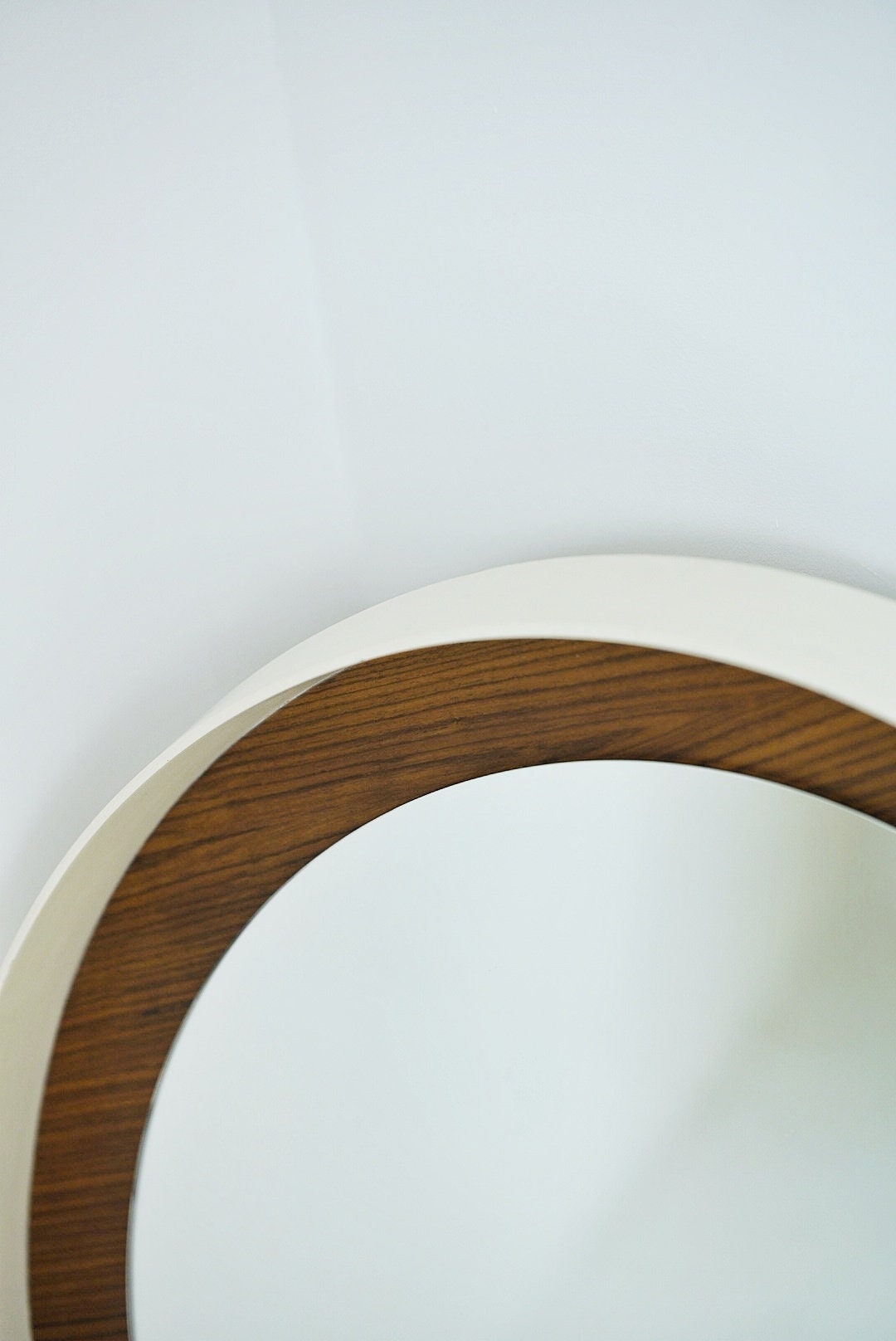 Round space age retro plastic white mirror with teak frame By Zier, 1970s