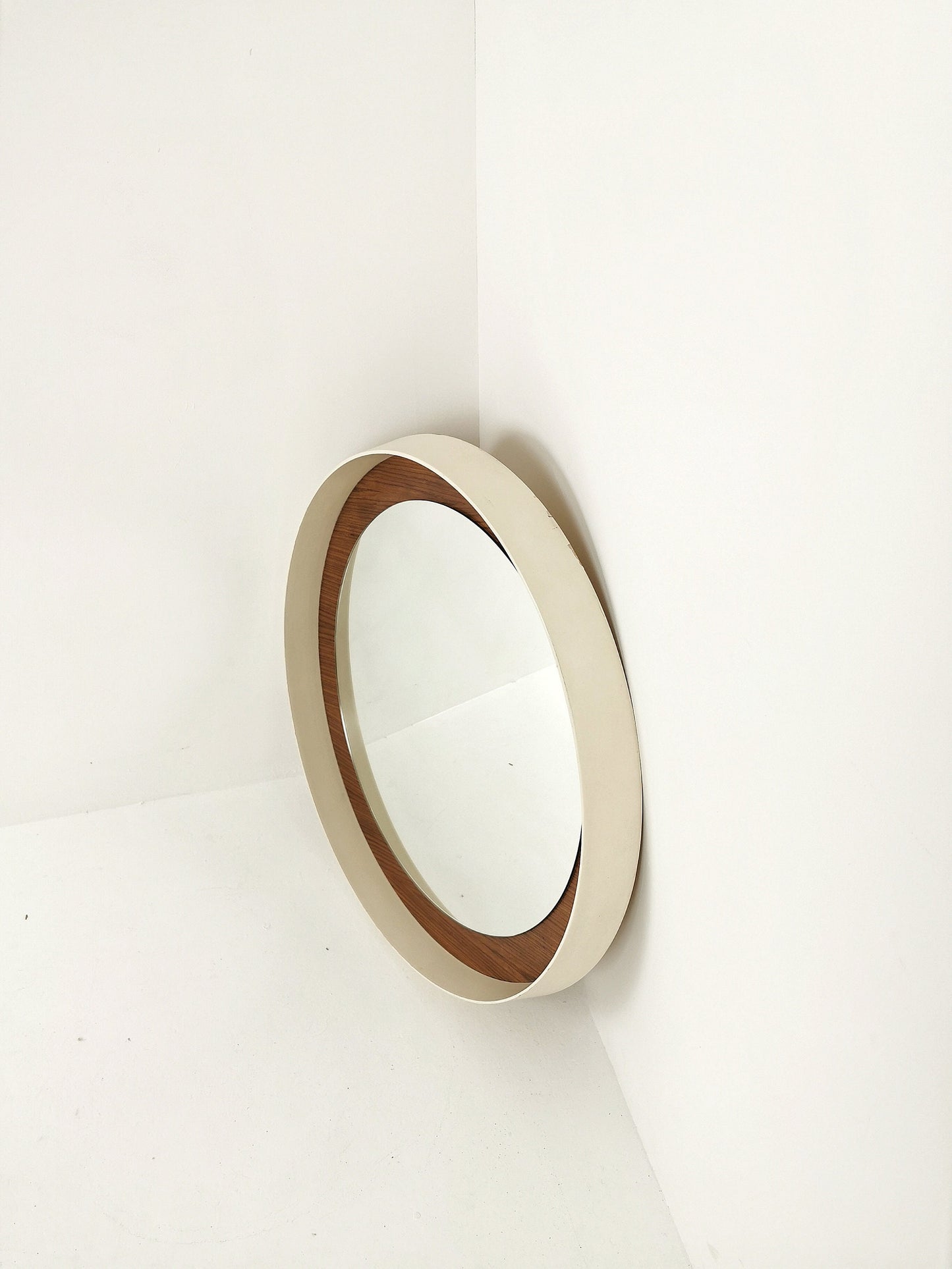 Round space age retro plastic white mirror with teak frame By Zier, 1970s