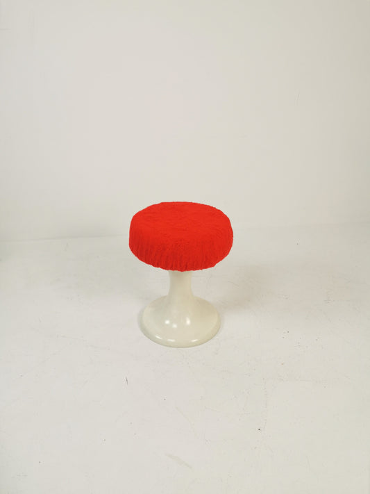 Round vintage German white plastic stool with red seat, 1970s
