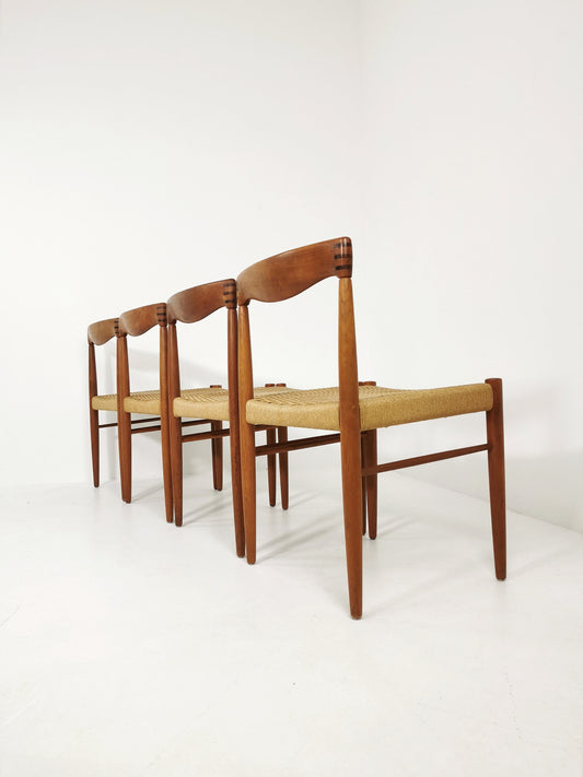 Danish teak & danish cord dining chairs by H. W. Klein for Bramin, 1960s, set of 4