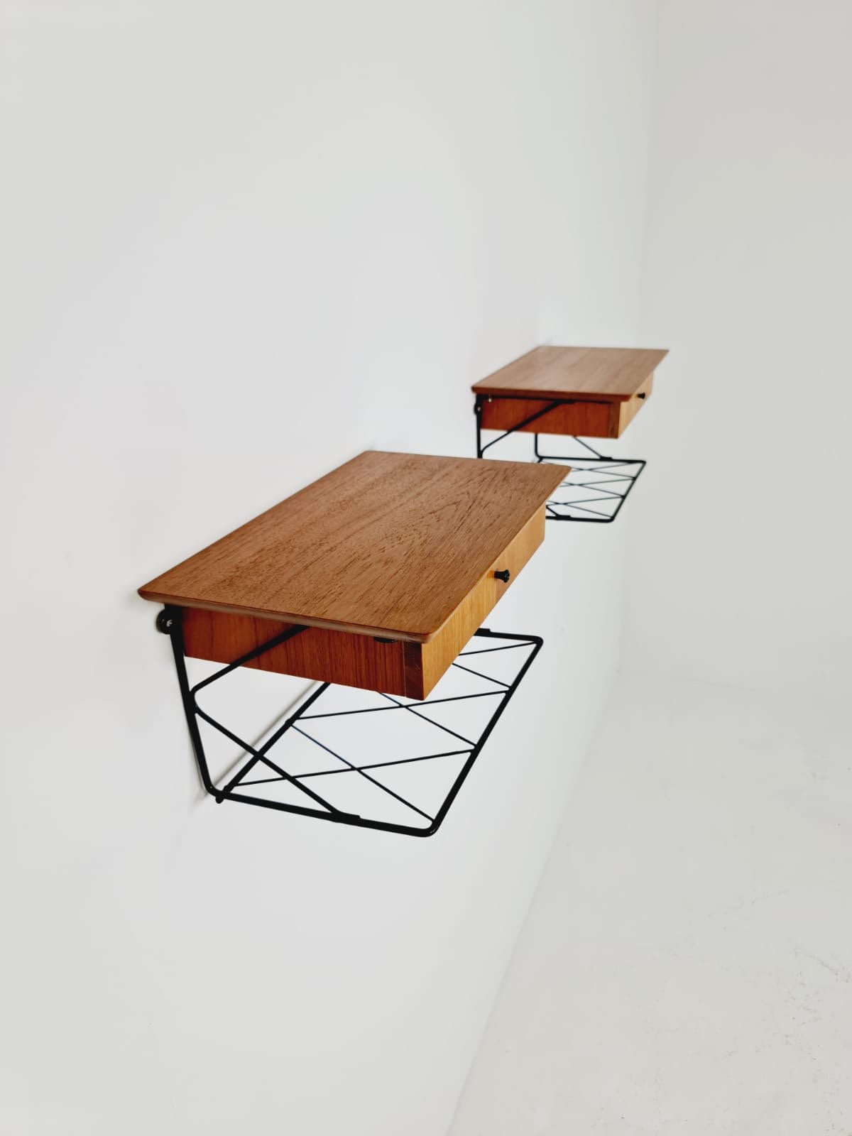 Pair Scandinavian string teak floating/ hanging bedside table/ nightstand, 1960s