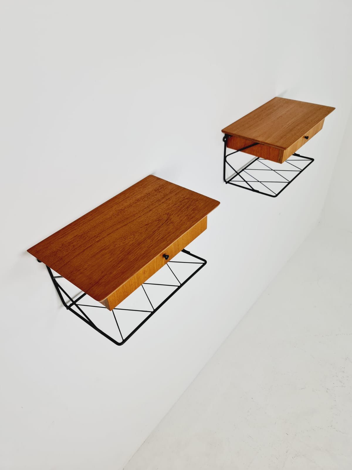 Pair Scandinavian string teak floating/ hanging bedside table/ nightstand, 1960s