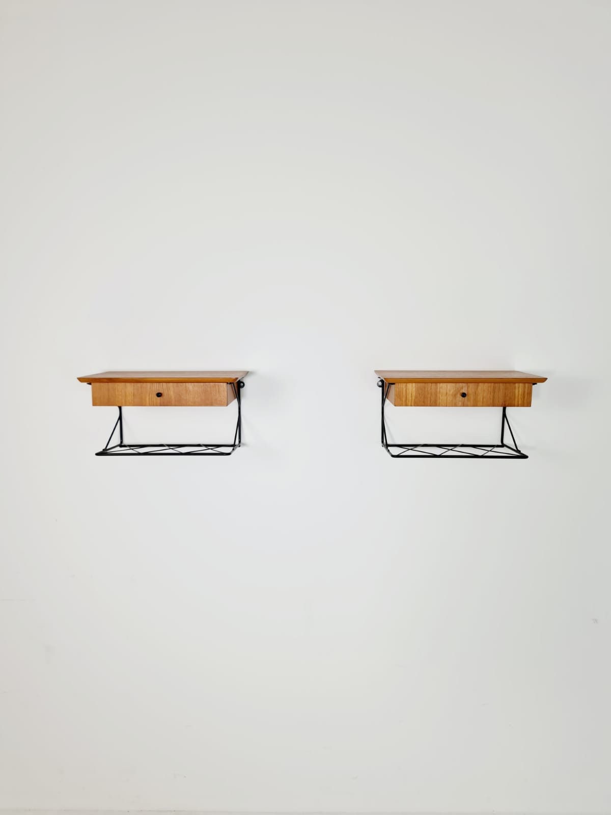 Pair Scandinavian string teak floating/ hanging bedside table/ nightstand, 1960s