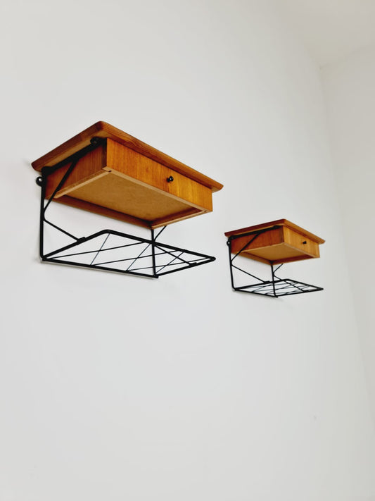 Pair Scandinavian string teak floating/ hanging bedside table/ nightstand, 1960s