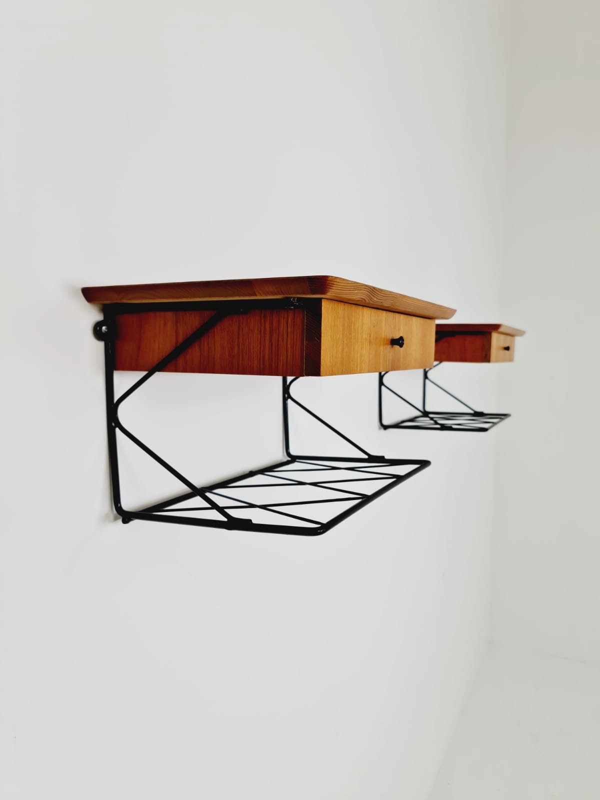 Pair Scandinavian string teak floating/ hanging bedside table/ nightstand, 1960s