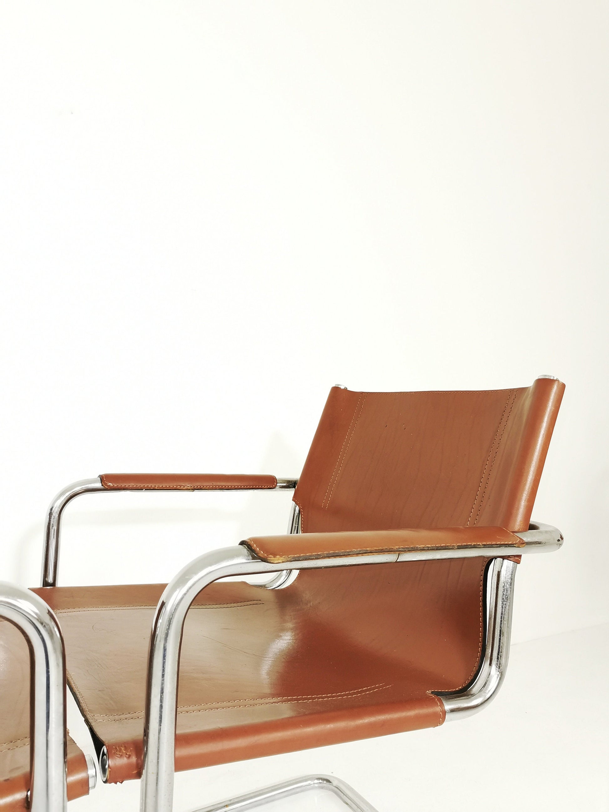 1 of 2 Matteo Grassi original bauhaus design Visitor Chair tan congac Leather 1970s