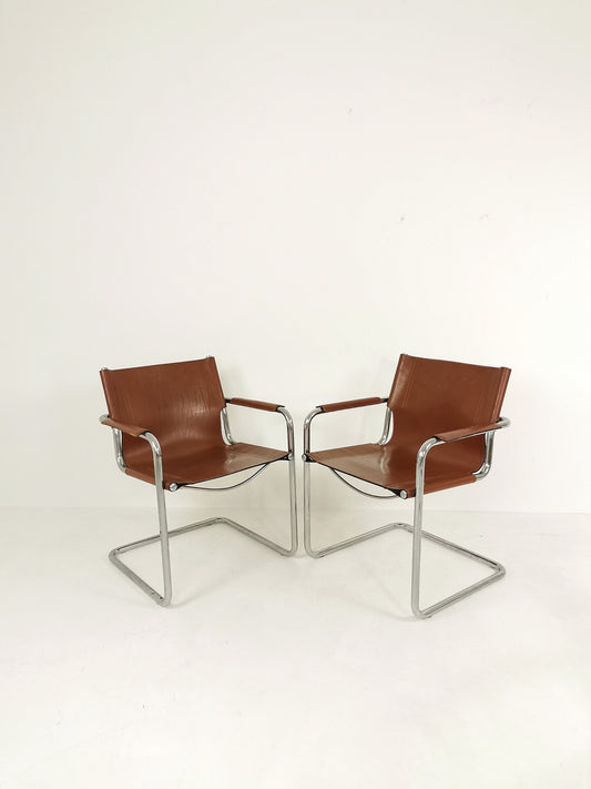 1 of 2 Matteo Grassi original bauhaus design Visitor Chair tan congac Leather 1970s