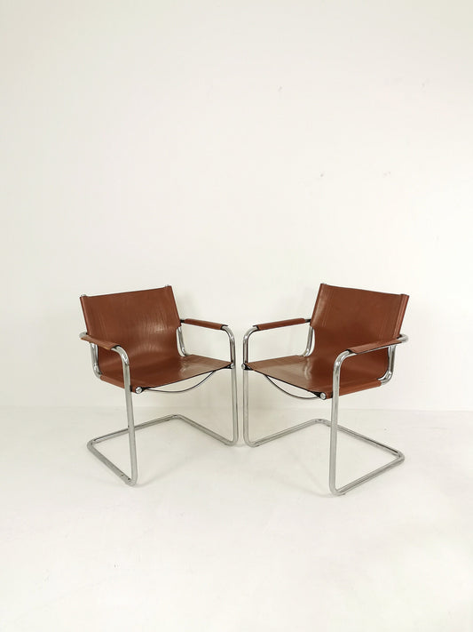 1 of 2 Matteo Grassi original bauhaus design Visitor Chair tan congac Leather 1970s