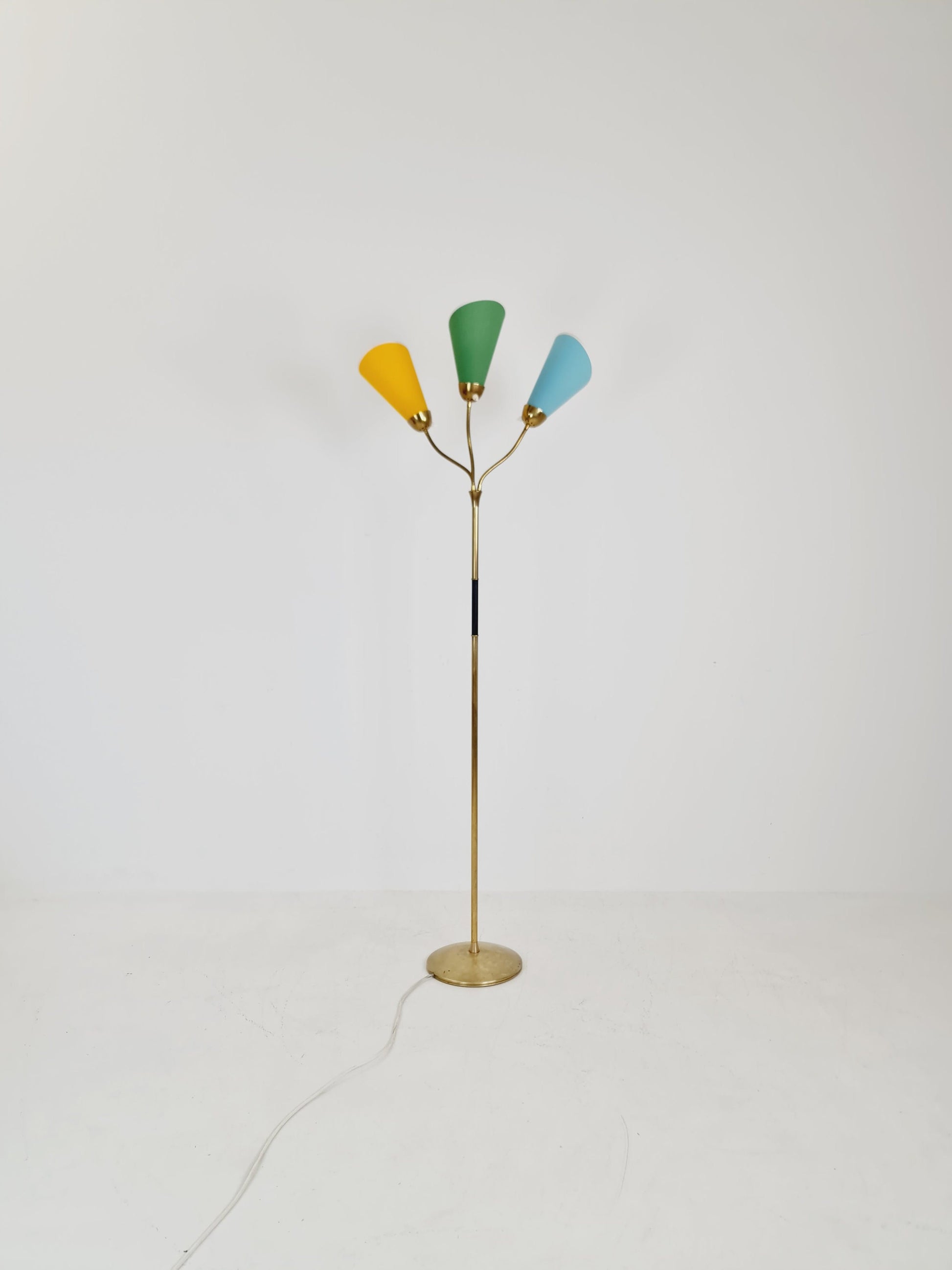 German Modern three flex arms brass floor lamp, tütenlampe, 1950s