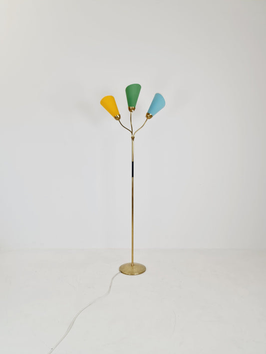 German Modern three flex arms brass floor lamp, tütenlampe, 1950s