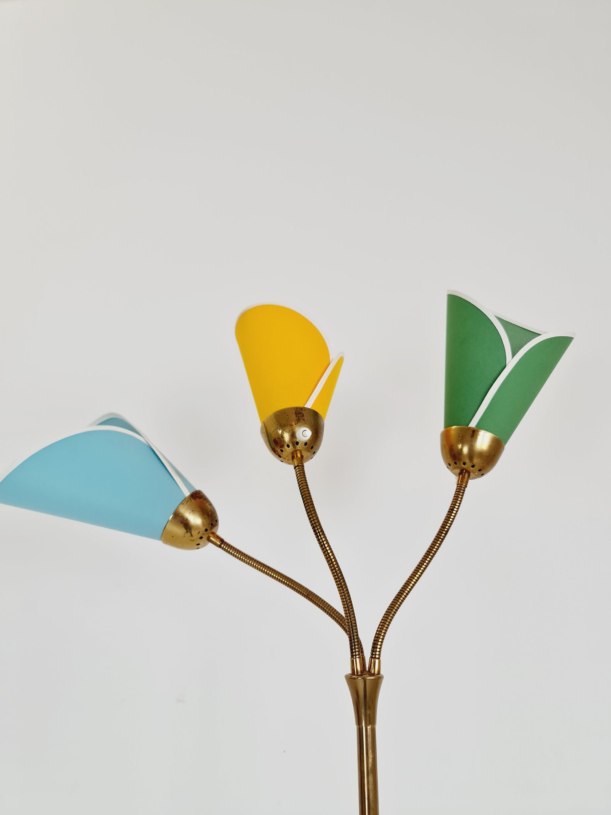 German Modern three flex arms brass floor lamp, tütenlampe, 1950s