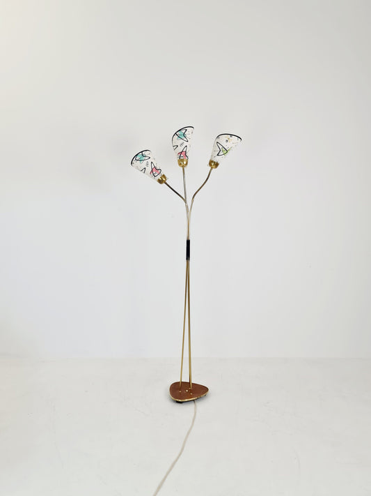 German Modern three flex arms brass floor lamp, tütenlampe, 1950s