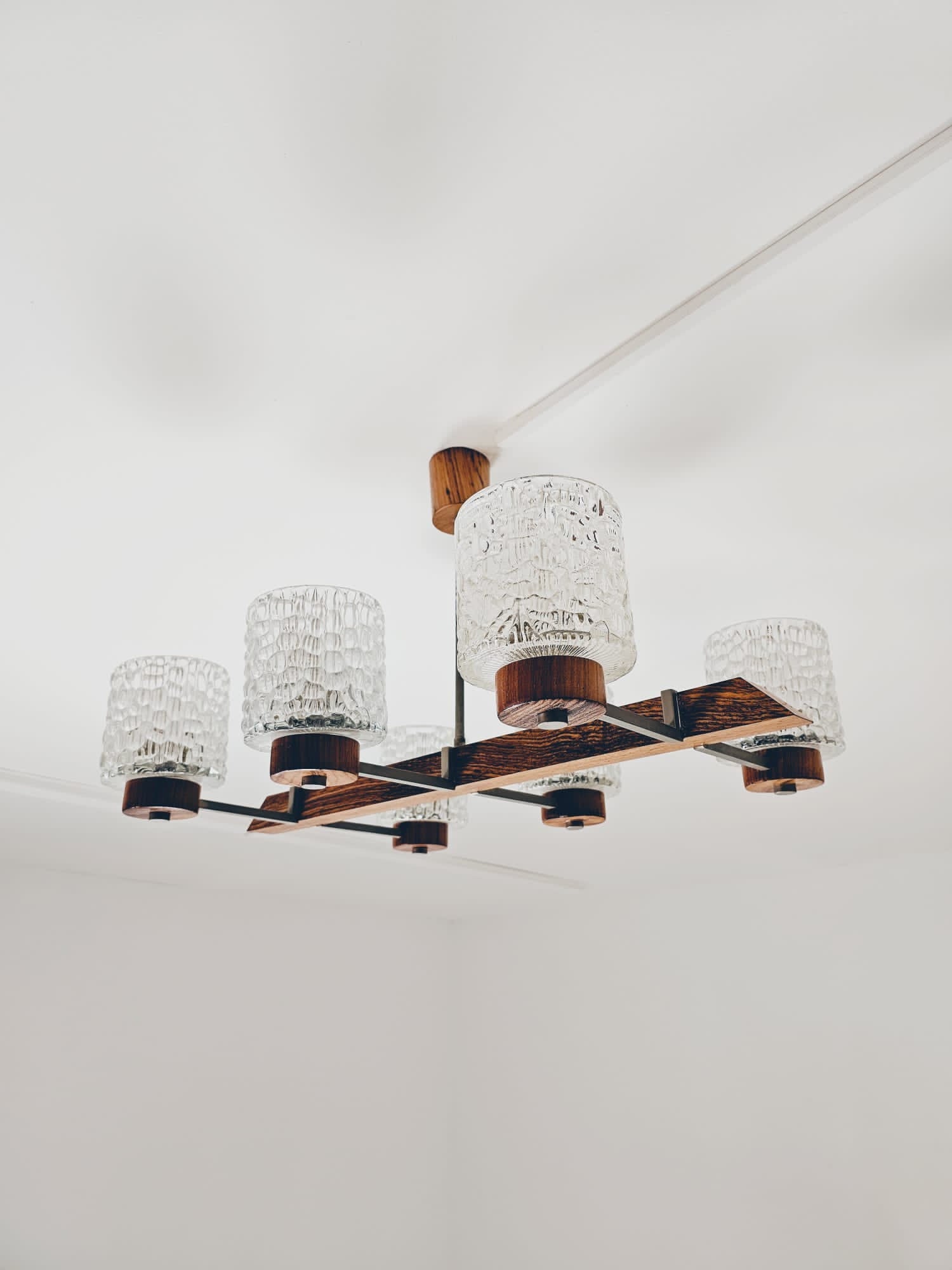 Vintage Scandinavian metal, rosewood & glass pendant lamp, 1960s