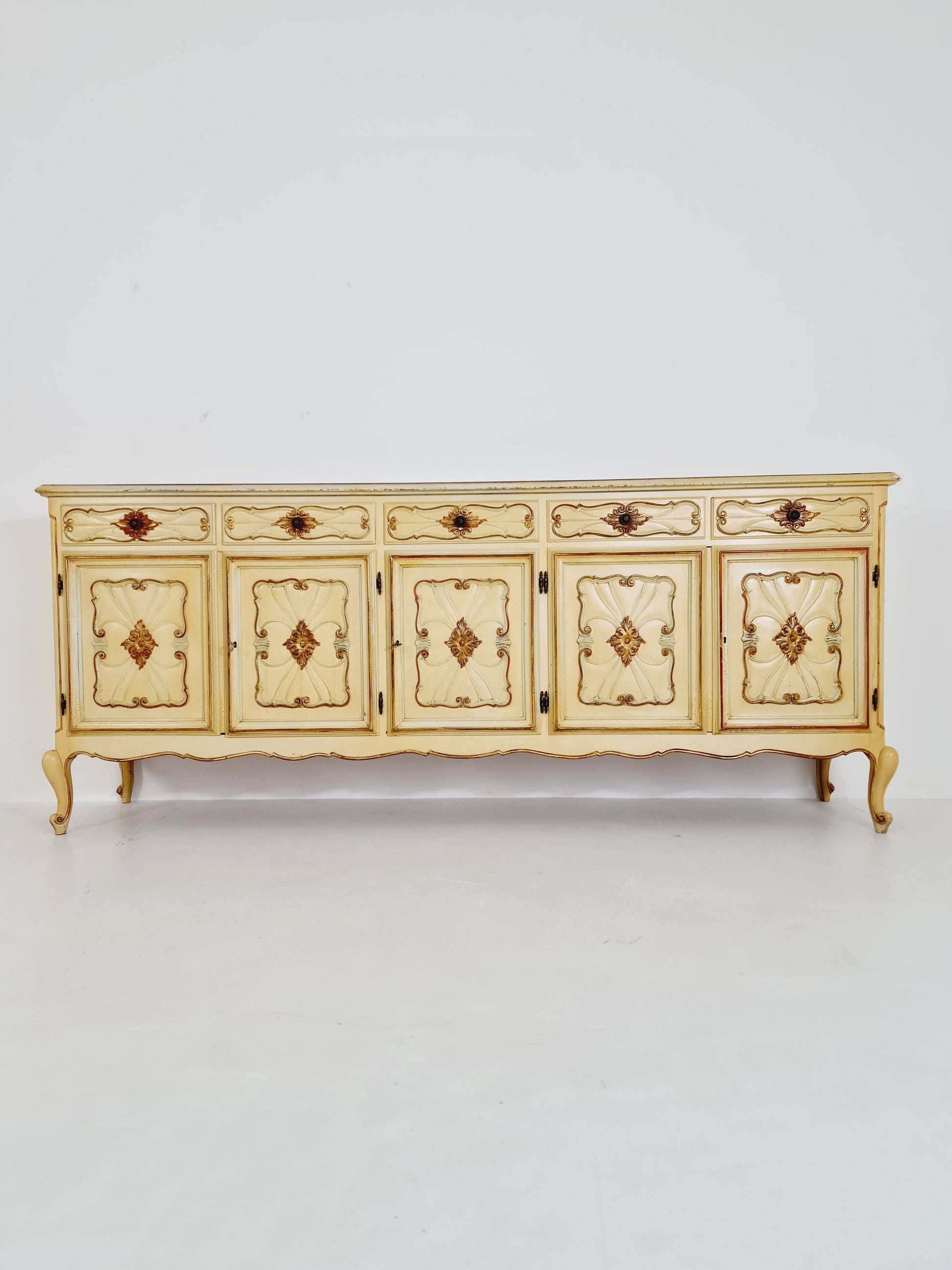 Super rare antique French Giant Venetian white lacquered sideboard Louis XIV