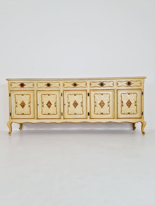 Super rare antique French Giant Venetian white lacquered sideboard Louis XIV