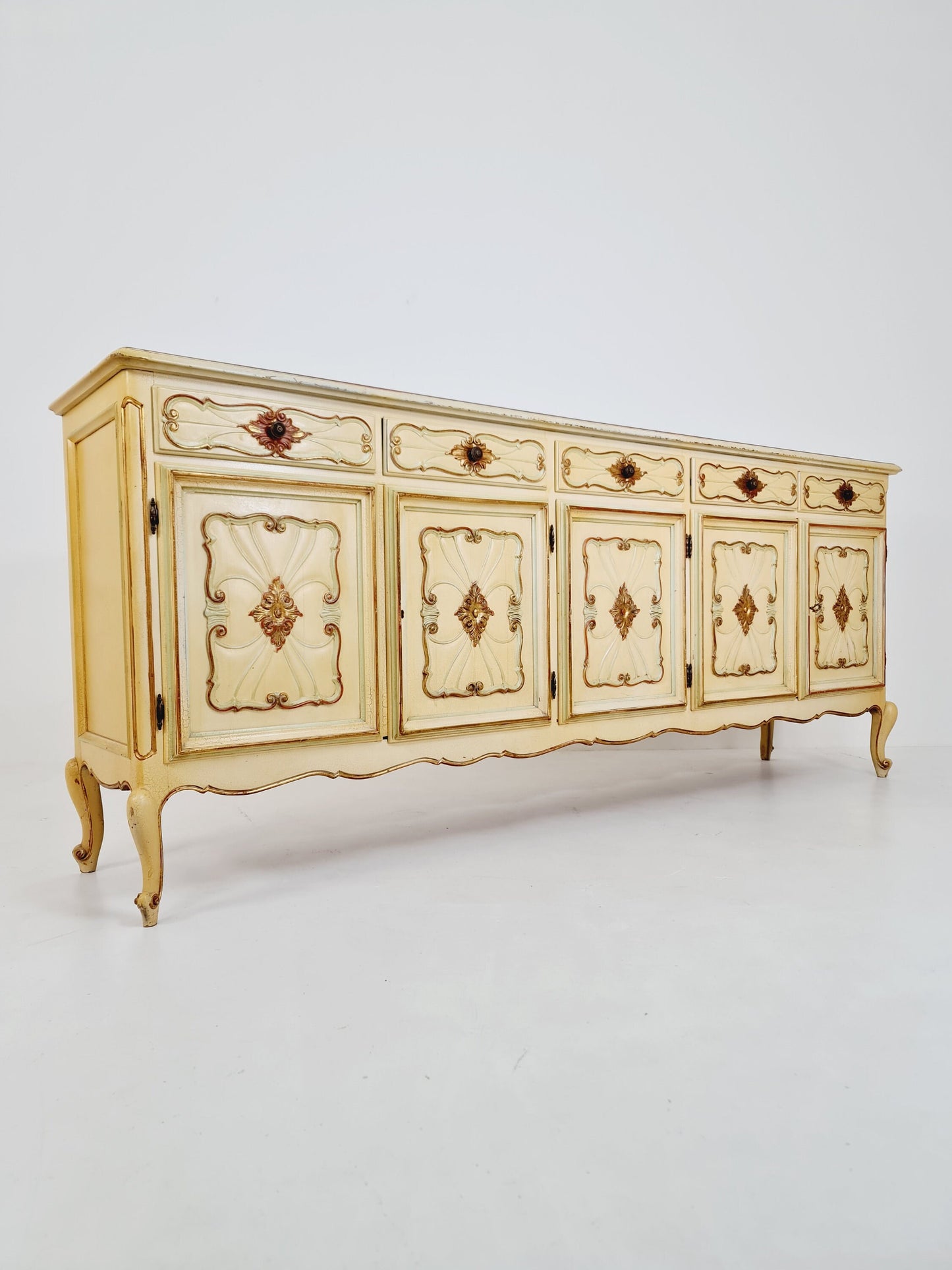 Super rare antique French Giant Venetian white lacquered sideboard Louis XIV