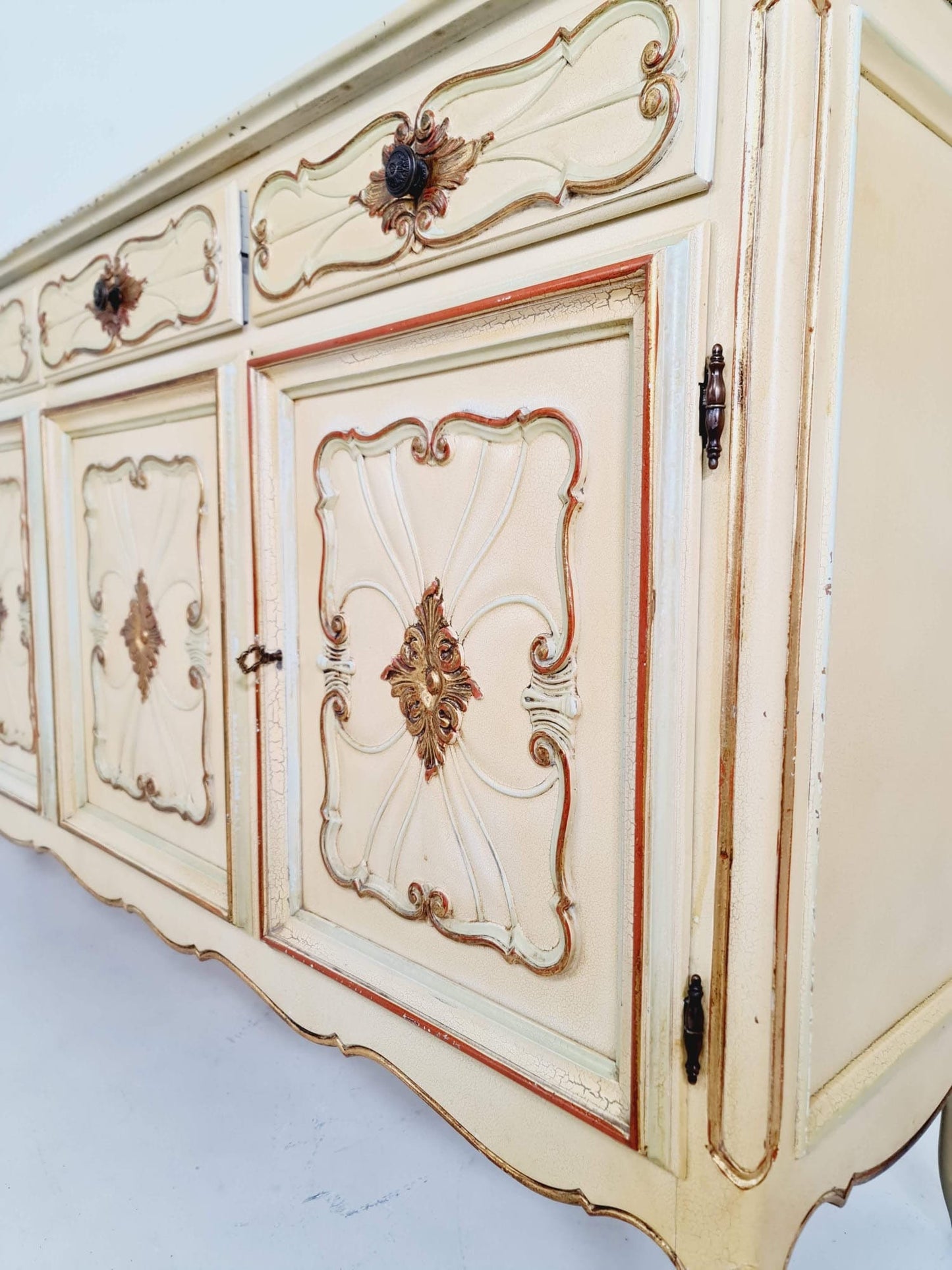 Super rare antique French Giant Venetian white lacquered sideboard Louis XIV