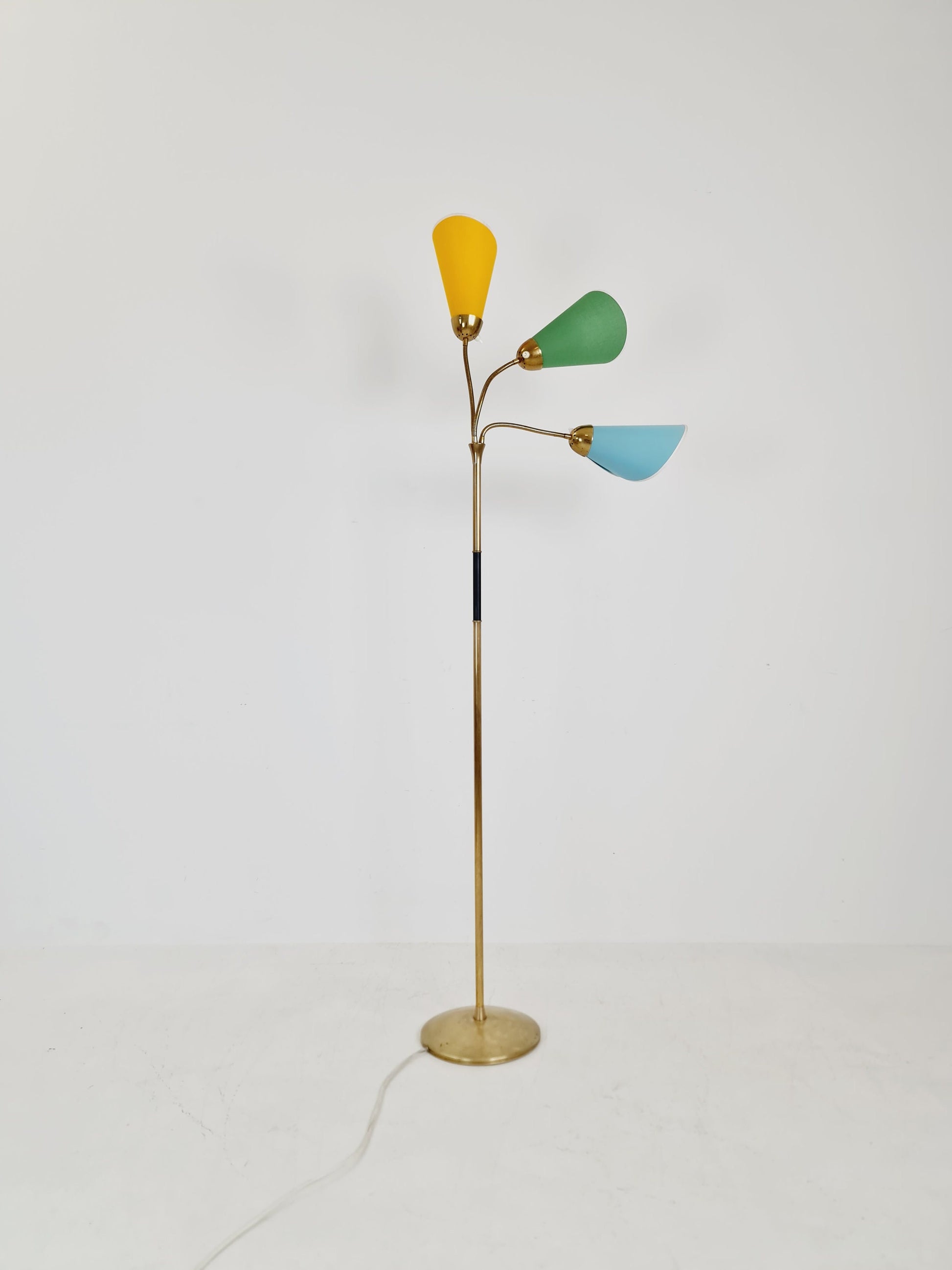 German Modern three flex arms brass floor lamp, tütenlampe, 1950s