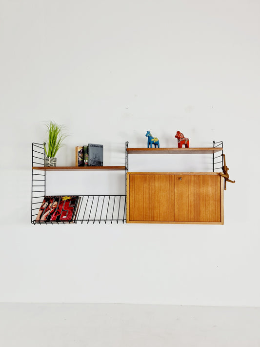 Wall-mounted original Swedish string shelf-system, bookcase cabinet teak by Nils & Kajsa Strinning, 1960s