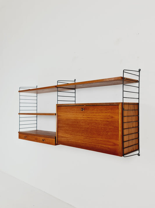 Wall-mounted original Swedish string shelf-system, drawers, bookcase teak by Nils & Kajsa Strinning, 1960s