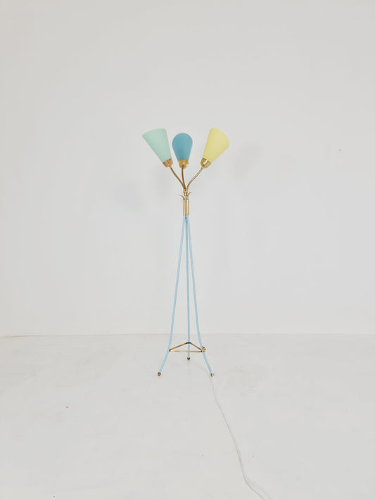 German Modern Colorful three flex arms brass floor lamp, tütenlampe, 1950s