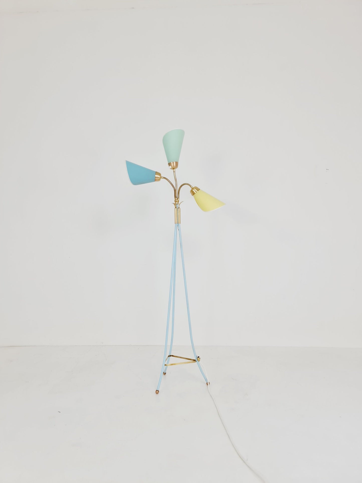German Modern Colorful three flex arms brass floor lamp, tütenlampe, 1950s