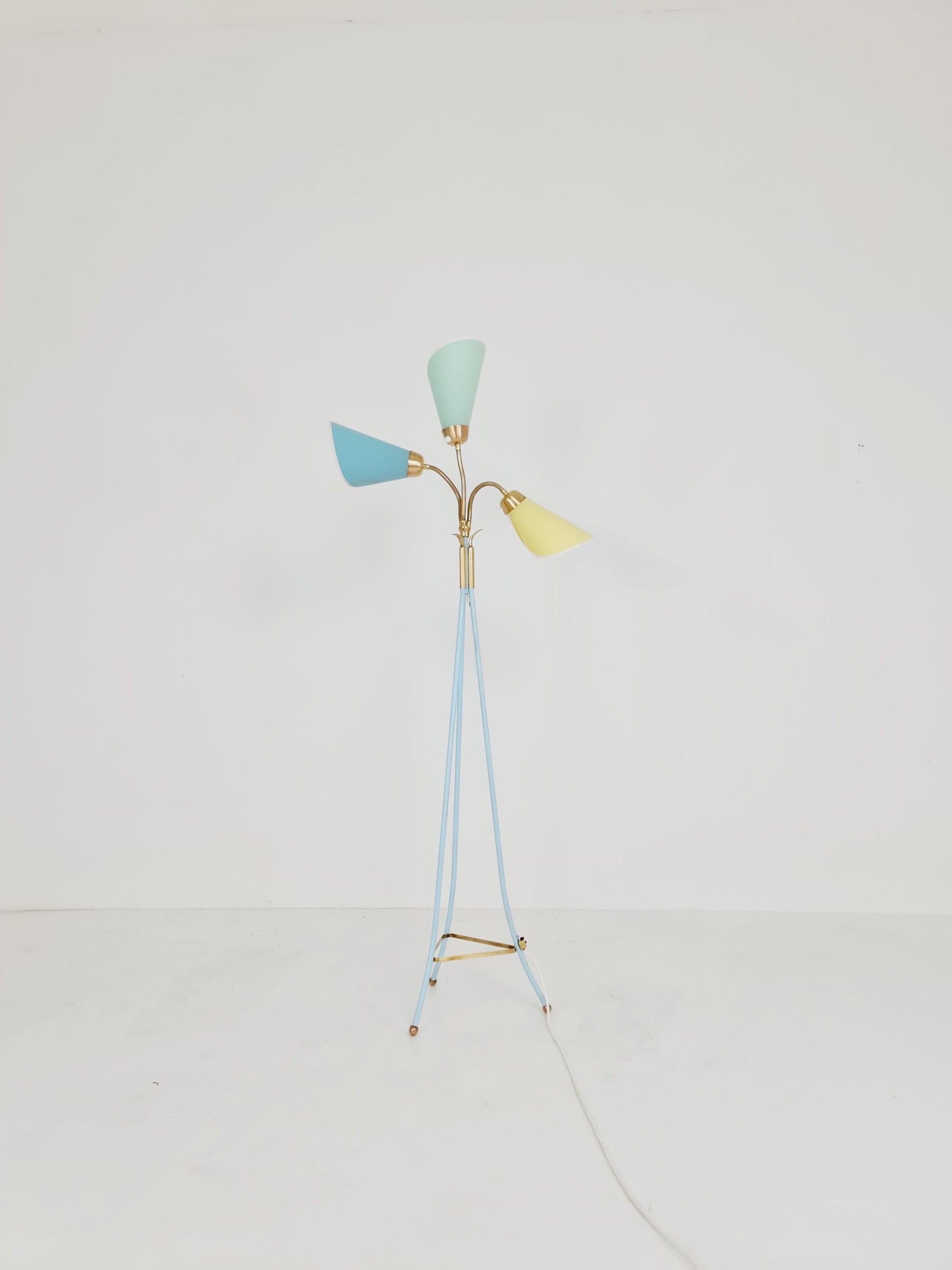 German Modern Colorful three flex arms brass floor lamp, tütenlampe, 1950s